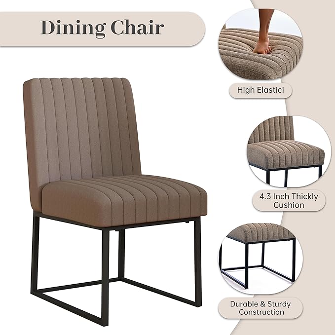 VKNOW Upholstered Dining Chairs, Modern Dining Room Chairs with Stripe, Linen Kitchen Chair Dinner Chair with Black Metal Base for Kitchen Office, Brown