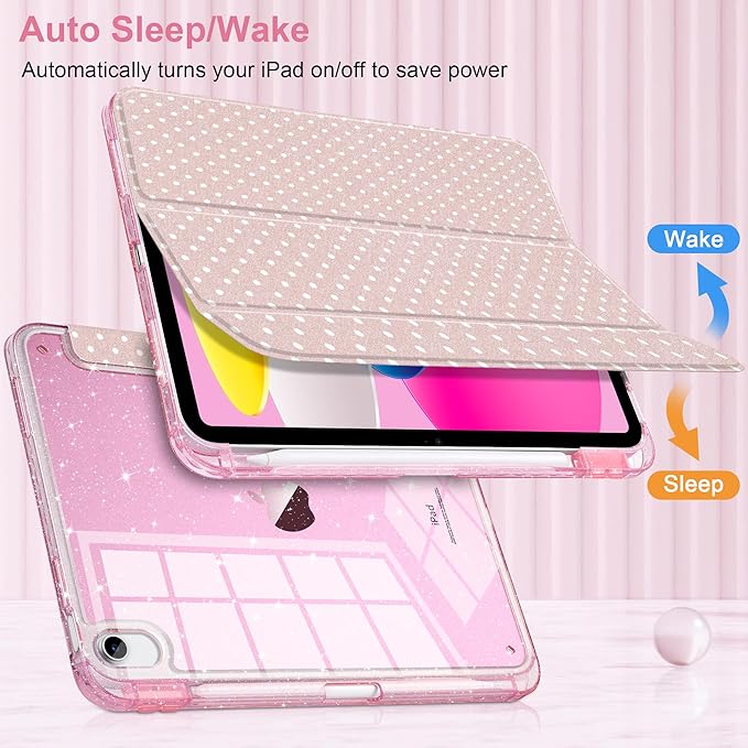MEEgoodo Case for iPad A16 11th Generation 2025/10th Generation 2022 Glitter Tablet Cases with Transparent Acrylic Back+Trifold Stand +Pencil Holder+Auto Wake/SleepAbstract Sun &amp Palm Tree