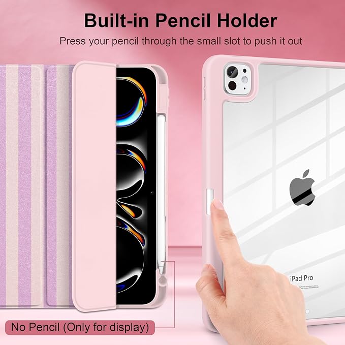 DONGKE for iPad Pro 11-Inch Case (M5 2025 / M4 2024) 6th/5th Generation [Auto Sleep/Wake &amp Pencil Pro Holder] Clear Acrylic Back Smart Trifold Stand Cover Bear &amp Cherry
