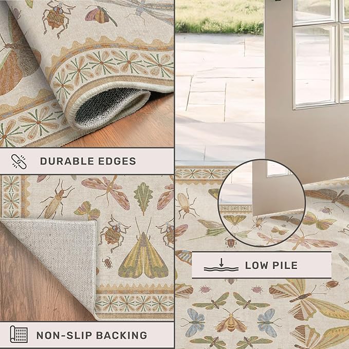 8 ft Long Hallway Rug - 2'6''x8' Wide Kitchen Runner Rug, Non-Slip & Stain Resistant Long Floor Rug, Neutral Beige Boho Floral Insect Decor