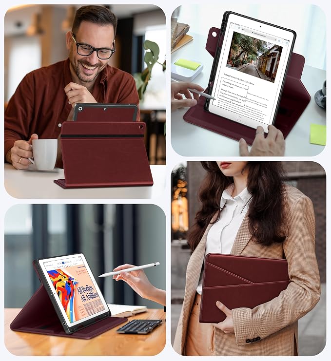 DTTO for iPad 9th/8th/7th Gen Case 10.2 Inch (2021/2020/2019) Brown | 360 Degree Rotating Premium Faux Leather Folio Stand Cover with Pencil Holder Auto Sleep/Wake Multiple Angles Hand Strap