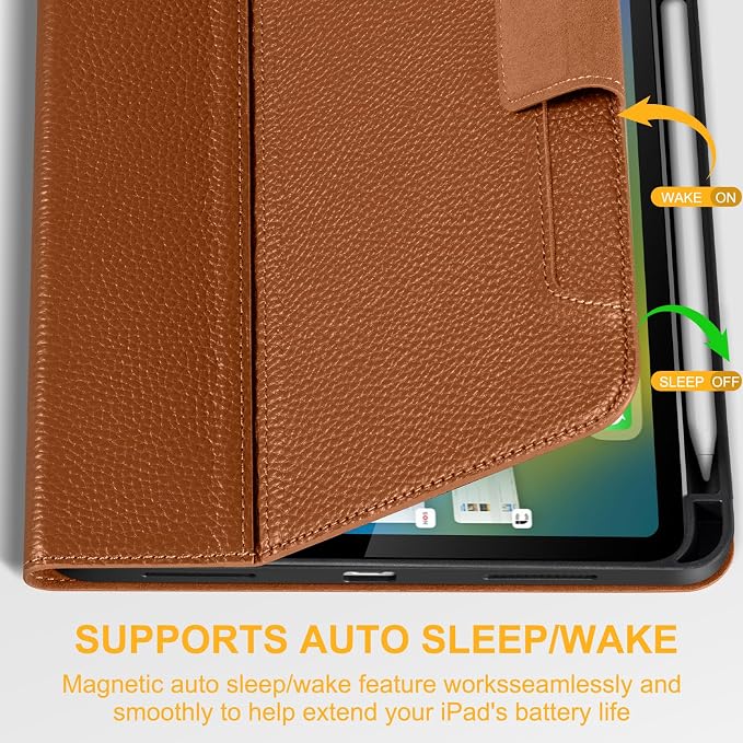 Case for iPad Air 11 M4/M3/M2 5th/4th Gen 10.9 Black | Genuine Leather Pencil Holder Magnetic Closure Smart Cover Auto Wake/Sleep Adjustable Stand
