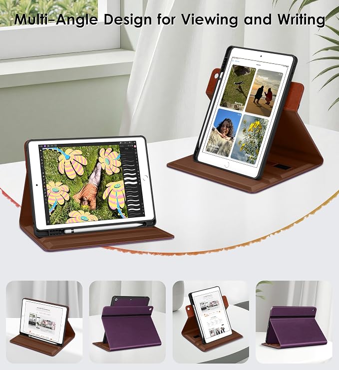 DTTO for iPad 9th/8th/7th Gen Case 10.2 Inch (2021/2020/2019) Brown | 360 Degree Rotating Premium Faux Leather Folio Stand Cover with Pencil Holder Auto Sleep/Wake Multiple Angles Hand Strap