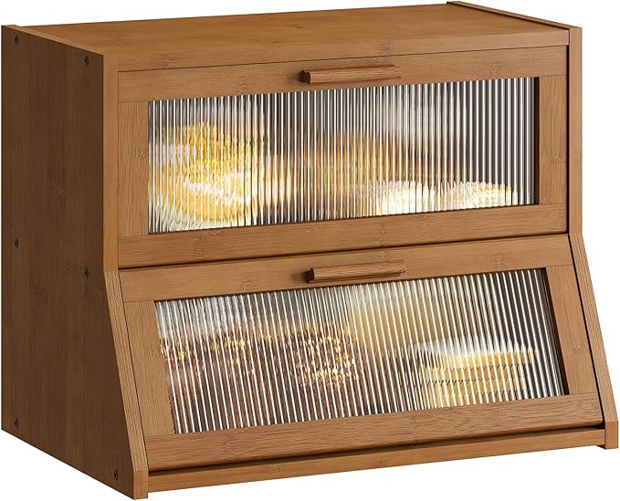 GHWIE Double Layer Bamboo Bread Box for Kitchen Counter,Large Capacity Bread Storage Bin,Bread Container with Acrylic Wavy Door Panel (Brown, Medium)