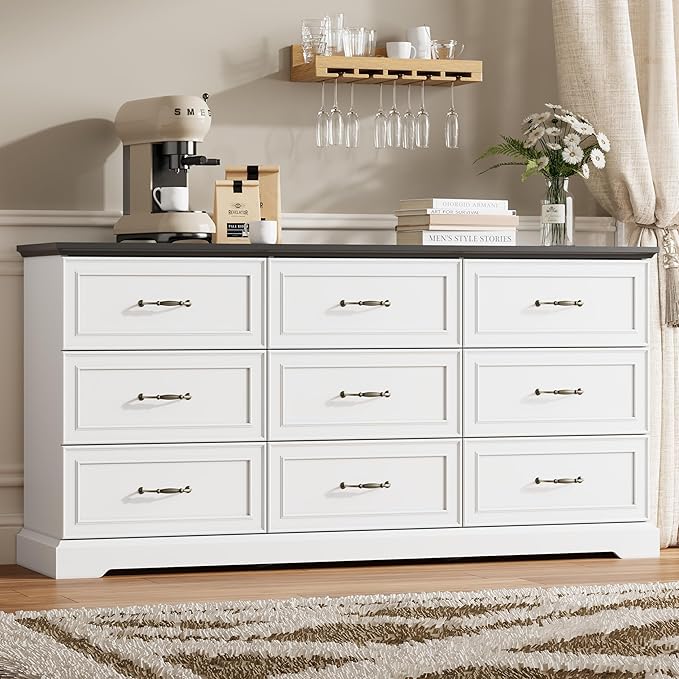 9 Drawer Dresser for Bedroom, 63" Wide Wooden Chest of Drawers, Rustic Farmhouse Dresser with Large Drawers & Metal Handles, Modern Storage Organizer for Closet, Living Room, Hallway, White