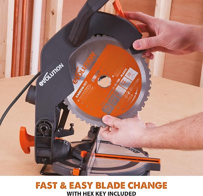 Evolution Power Tools R210CMS Compound Miter Saw, 8-1/4" Multi-Material Cutting TCT Blade Included Cuts Wood Metal Plastic & More, 45° - 45° Degree Miter & 45˚ Degree Bevel Angles, 1200W, 8-1/4"