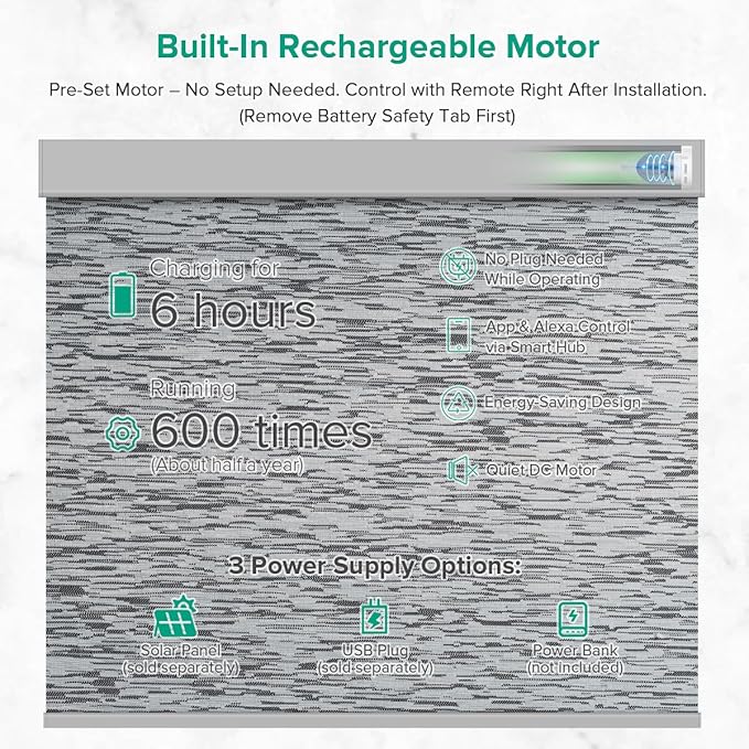 Kilonity Motorized Roller Shades, Light Filtering Remote Control Custom Window Shades Compatible with Alexa Google Assistant via RF Hub, Rechargeable Electric Blinds for Windows (Texture Black Grey)