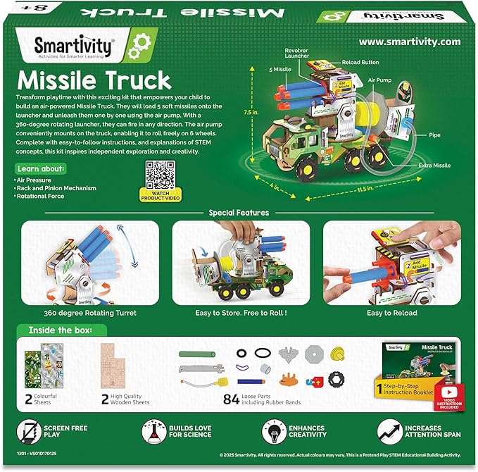 Smartivity Missile Truck - STEM Toy for Kids | Build Your Own Millitary Truck with Air-Powered -Rotating Launcher | Birthday Gift for Smart Kids | Toy for Boys & Girls Ages 8,9,10,11,12,13,14 Years