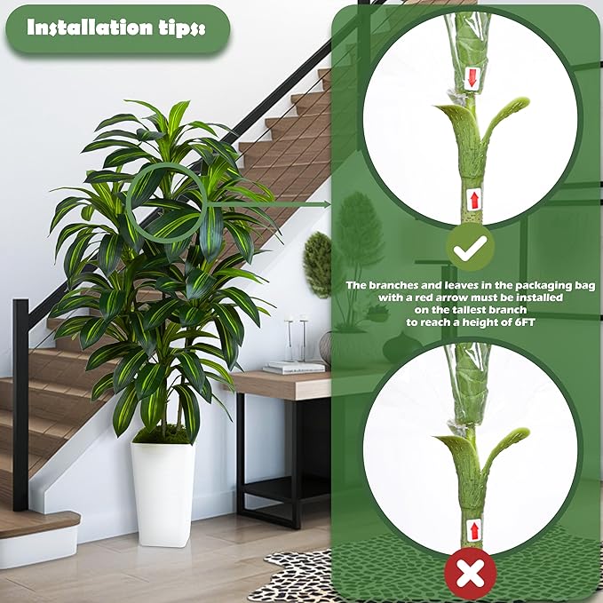 Artificial Dracaena Plant Indoor Fake Tree, Tall Fake Floor Plants with White Planter, Artificial Yucca Tree for Home Office Living Room Bedroom Farmhouse Modern Outdoor Topiary Tree(6 Trunks 6FT)