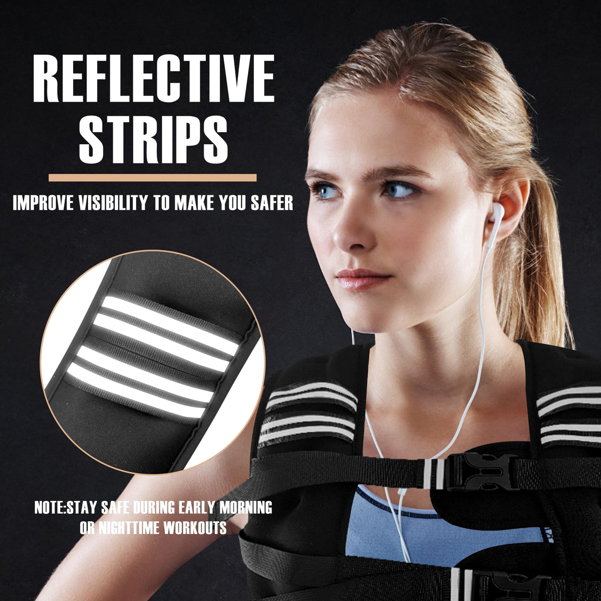 NATURELUX Weighted Vest with Reflective Stripe and Adjustable Buckle Straps, Black, 20 lbs