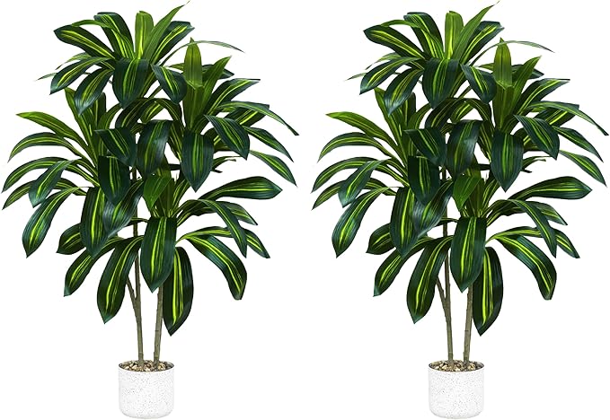 2 Pack Artificial Dracaena Plant Indoor 4FT Fake Tree Tall Floor Plants with White Planter, Artificial Yucca Tree for Home Office Living Room Bedroom Farmhouse Outdoor Topiary Tree