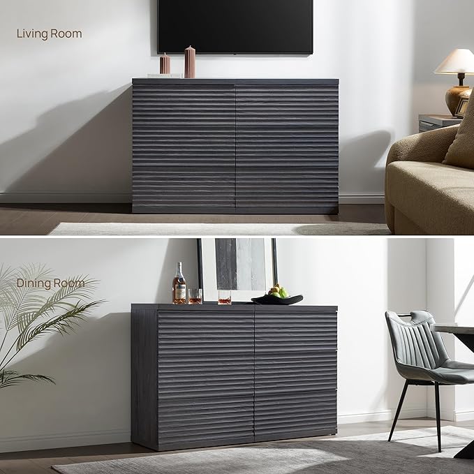 SICOTAS Fluted Sideboard Buffet Cabinet with Storage, Modern Credenza Storage Cabinet with 3 Larger Drawers, 2-Piece Media Console Mid Century Coffee Bar Table for Entryway Kitchen, Dark Grey Alder