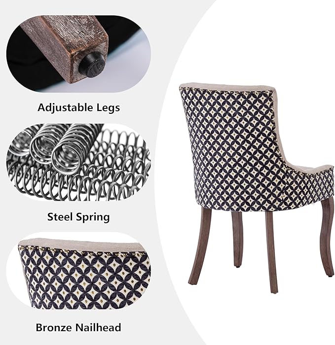 Farmhouse Dining Chairs Set of 6, Upholstered Fabric Dining Room Accent Chairs with Wood Legs & Bronze Nailhead, High Wingback Kitchen Chairs for Living Room Hotel Apartment, Beige Patterned