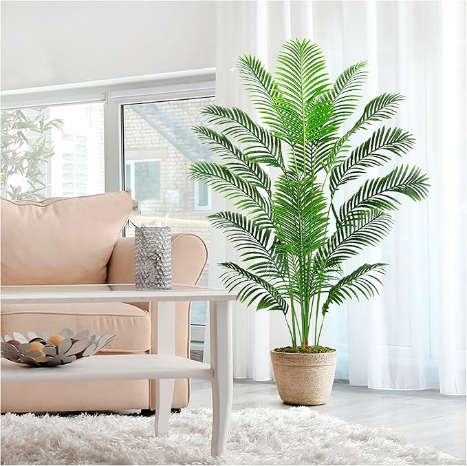 Artificial Palm Tree 6FT Artificia Plants Indoor Fake Trees Tropical Fake Plam Tree Areca Floor Plant in Black Pot with 18 Trunks & Real Bark Design Faux Palm Plant for Outdoor Home Room Decor