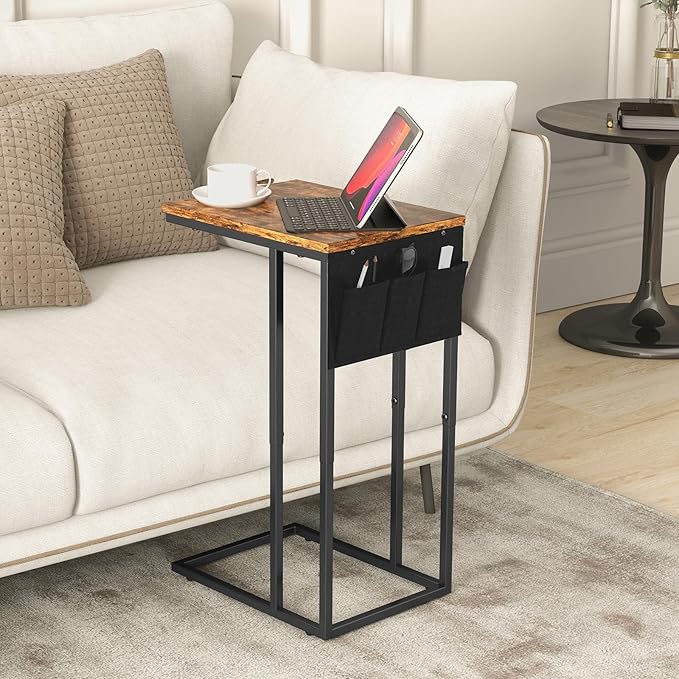 Livofloral C Shaped End Table for Couch, Small Side Table for Sofa With Storage Bag, TV Tray for Living Room, Bedside Table for Bedroom, Snack End Table, Brown