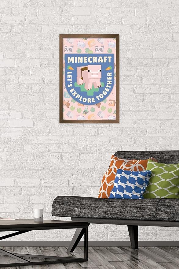 Trends International Minecraft - Let's Explore Together Wall Poster, 22.4L x 14.7W, Bronze Framed Version