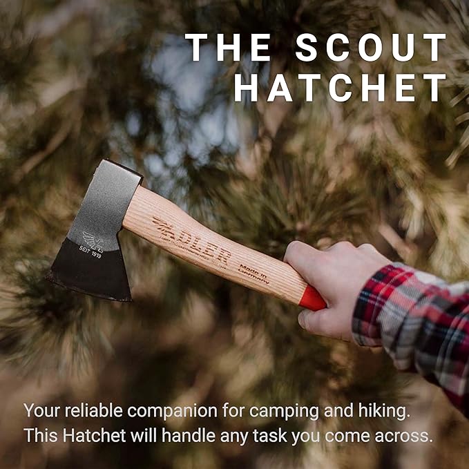 Adler Scout Camping Hatchet with Leather Sheath - German Forged, 11.8" Hickory Handle, Compact Small Hatchet for Hiking, Bushcraft, Camping, Hunting, Backpacking
