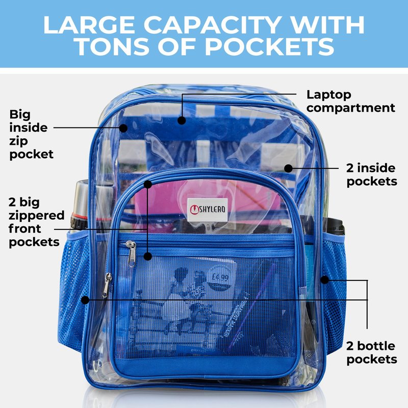SHYLERO Clear Backpack Heavy Duty has TSA Lock, 2-WAY Zipper. PVC Transparent Backpack Is Extra Large - H18''xW14''xD8 - Blue