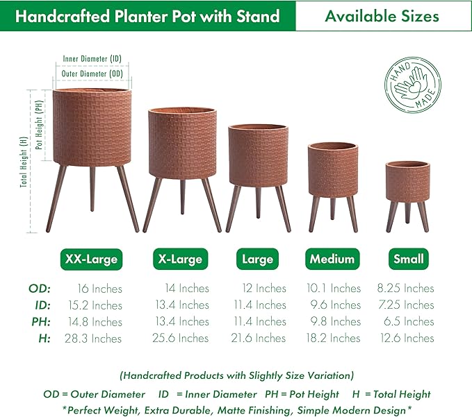D'vine Dev 14 Inch Modern Geometric Tile Patterned Sleek Planter Pot with Stand, Indoor Outdoor Decorative Plant Holder, Terra Cotta, 88-Z-D-3