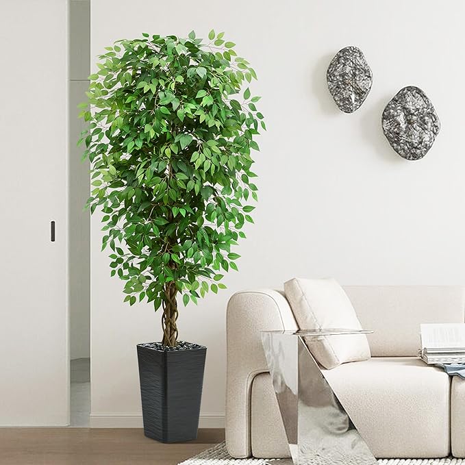 Artificial Ficus Tree 6FT Faux Floor Tree with Planter UV Resistant Potted Fake Silk Plant-Indoor Outdoor Lifelike Fake Ficus Tree for Home, Living Room Bedroom Topiary Tree