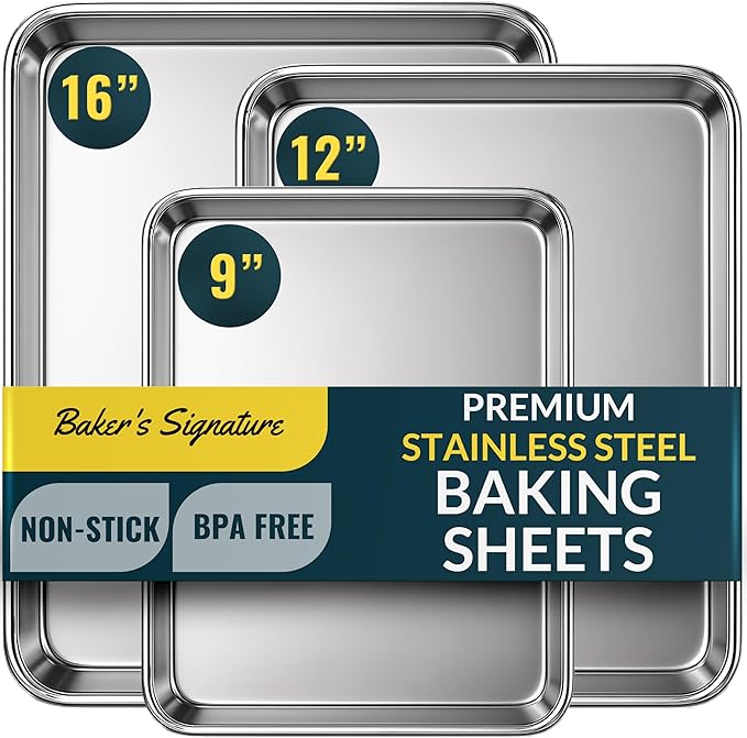 Stainless Steel Cookie Sheet Set of 3, 9/12/16" Baking Sheet Pans
