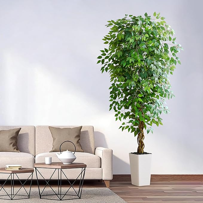 Artificial Ficus Tree 7FT Faux Floor Tree with Planter UV Resistant Potted Fake Silk Plant - Faux Trees Indoor Outdoor Lifelike Fake Ficus Tree for Home, Living Room Bedroom Topiary Tree
