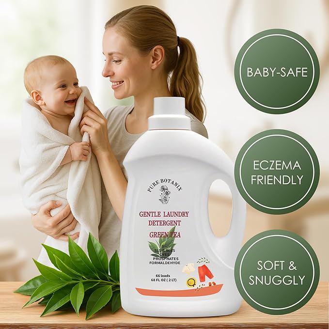 Green Tea Organic Laundry Detergent 68 Fl Oz | 66 Loads, Natural Hypoallergenic Non-Toxic Plant-Based Soap for Sensitive Skin, Concentrated Enzyme Stain Remover, Sulfate Free