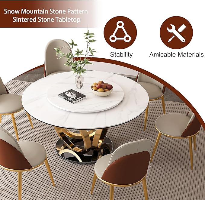 Dining Table Set with 4 Chairs, 53" Round Modern Marble Dining Table with Lazy Susan, Sintered Stone Top for Kitchen, Dining Room, Dinette