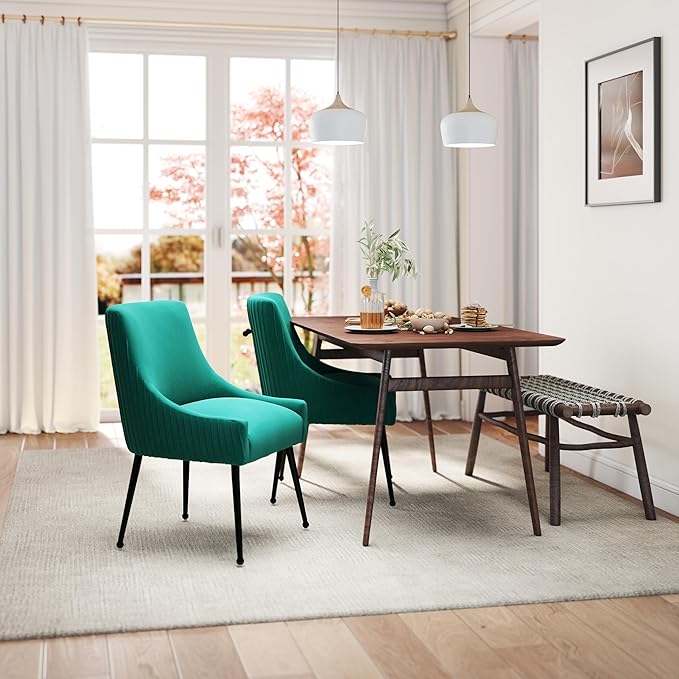 Velvet Dining Chairs Set of 8,Dark Green Upholstered Living Room Chairs with Black Metal Legs, Modern Tufted Accent Chairs for Living Room, Study Room, Kitchen