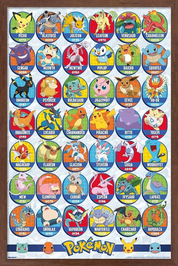 Pokémon: All-Time Favorites - Grid Wall Poster, 22.4L" x 14.7W", Mahogany Framed Version