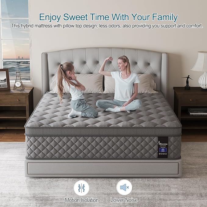 King Mattress, 14 Inch Hybrid Mattresses Grey Euro Top Medium Firm for Back & Lumbar Support, 100 Night Trial, Individual Pocket Spring Bed for Motion Isolation & Pressure Relief
