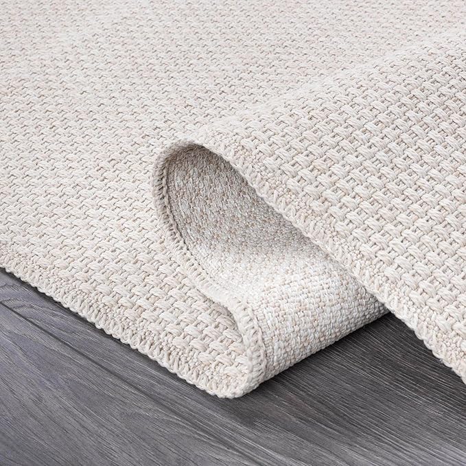 CAMILSON Indoor and Outdoor Runner Rug Off-White Solid Woven Design Easy-Cleaning Non Shedding Farmhouse Living Room Bedroom Garden Patio and Kitchen Washable Outside Carpet Alfombras (2x7)