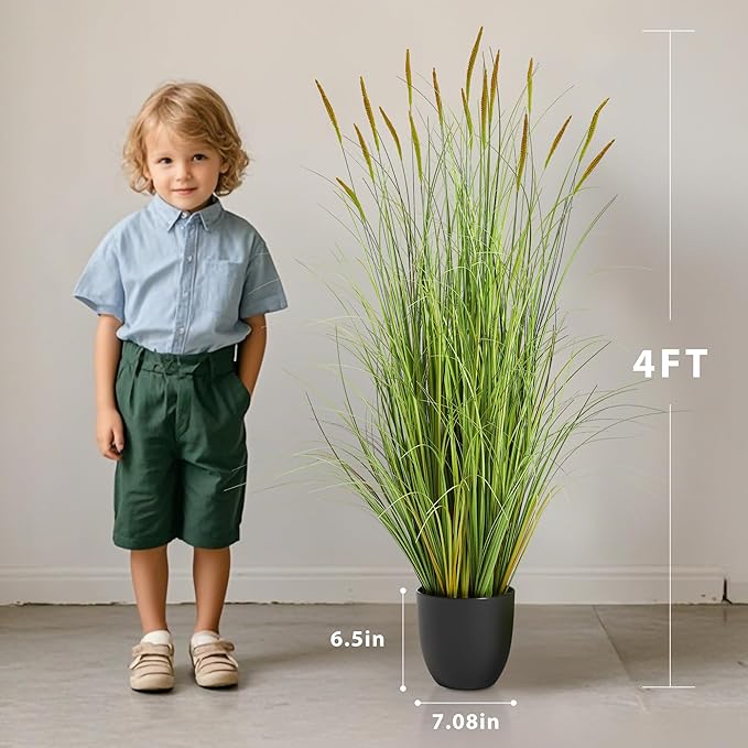 KOL 4ft 2-Pack Artificial Cattail Reed Grass, 47.2’’ Artificial Indoor Outdoor Fake Onion Grass Plant, Home Office Wedding Decorative Potted Plant Faux Greenery, Housewarming Gift, Green