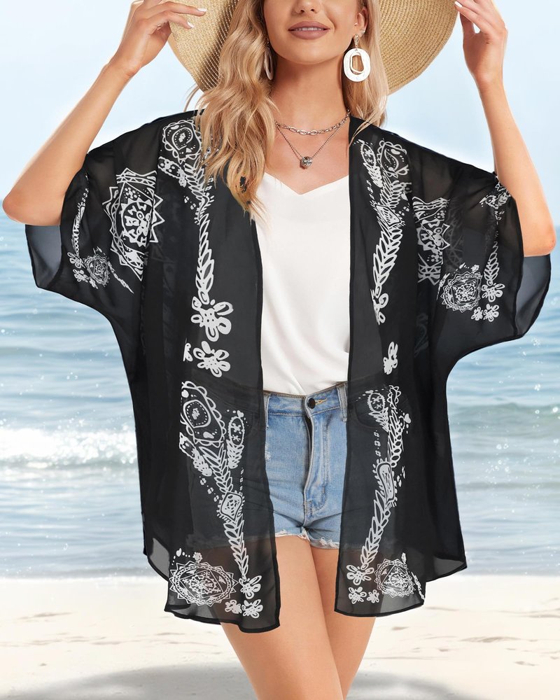 Summer Kimono Cardigan for Women Sheer Boho Tops Casual Open Front Swimwear Shirts Beach Cover ups (Caftan Black,M)