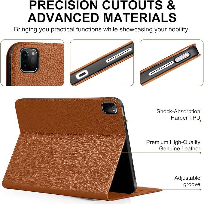 Genuine Leather Case for iPad 11th Gen 11/10th Gen 10.9 Black | Pencil Holder Adjustable Stand Auto Wake/Sleep Shockproof