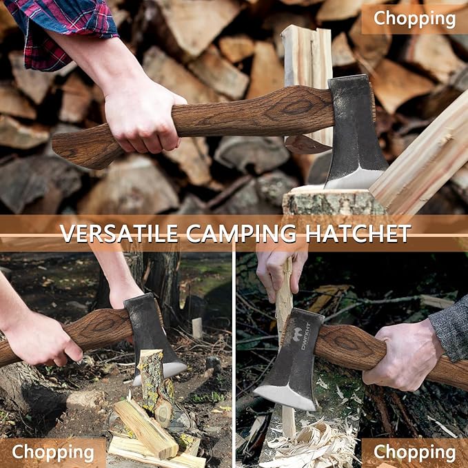 15.3" Hatchet, Splitting Axe with 1065 High Carbon Steel, Camping Hatchet with Beech Wooden Handle and Leather Sheath, Chopping Axe for Wood Splitting and Kindling
