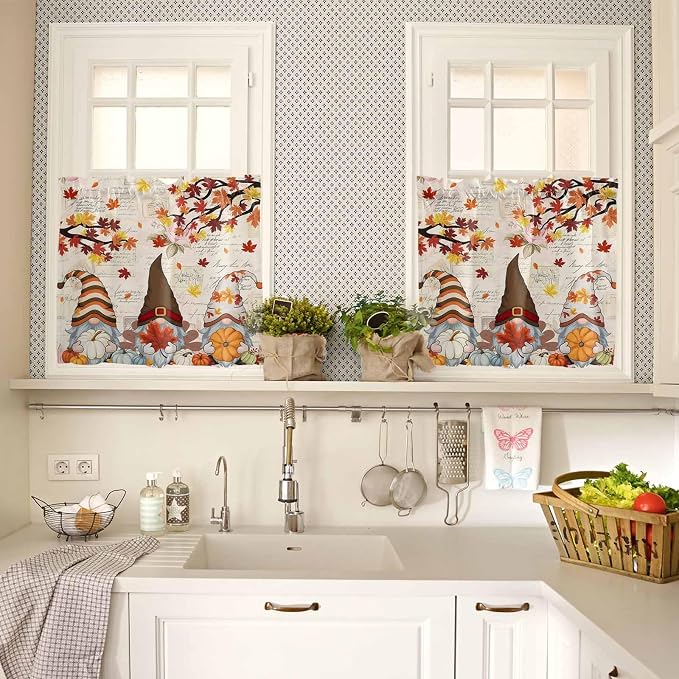 Fall Gnomes Kitchen Curtain Set, Thanksgiving Maple Leaf Rustic Pumpkin Window