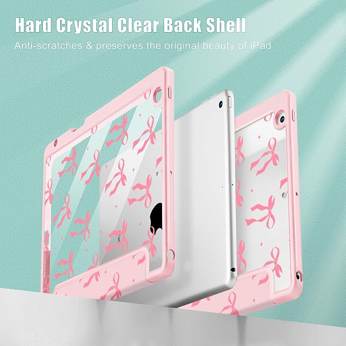 Case for iPad 9th/8th/7th Generation 10.2-Inch (2021/2020/2019 Release) with [Built-in Pencil Holder] Shockproof Cover with Clear Transparent Back Shell &amp Auto Wake/Sleep - Blue Bows