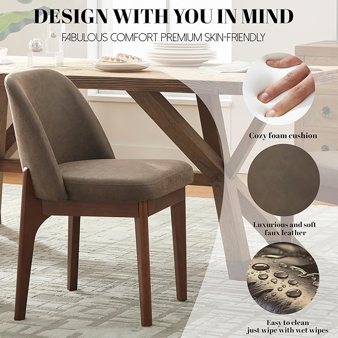 VKNOW Modern Dining Chairs Set of 2, Faux Leather Kitchen Chairs with Wood Legs, Upholstered Side Chair for Kitchen Dining Room, Dark Brown