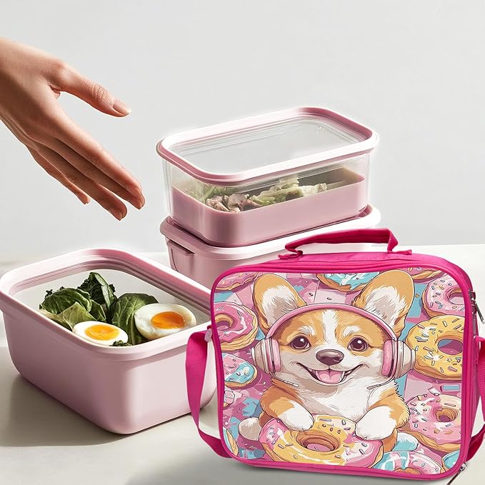 Corgi Donuts Backpack Set 3 Piece School Bags and Lunch Box with Pencil Case Pink Cartoon Dog Donut Animal Bookbag Set for Toddler Kids Girls Boys Teens Kindergarten Elementary Middle