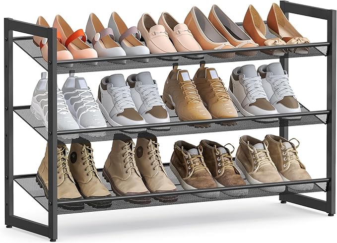 SONGMICS Shoe Rack, 3-Tier Shoe Organizer, Metal Shoe Storage for Garage, Stackable Shoe Shelf, with Adjustable Flat or Angled Shelves, 9-12 Pairs, Ink Black ULMR03B