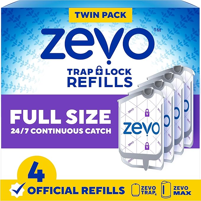 Zevo Flying Insect Trap Official Refill Cartridges - Fits Both Zevo Trap & MAX Indoor Fly Trap - Authentic Trap+Lock Technology to Catch Gnats, House & Fruit Flys (4 Official Refill Cartridges)