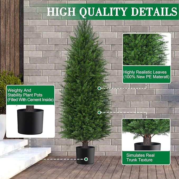 5FT Artificial Topiary Cedar Plants Outdoor, Faux Pine Trees UV Resistant and Potted, 72 Inch Tall Fake Shrubs Evergreen for Front Porch Decor Set of 2