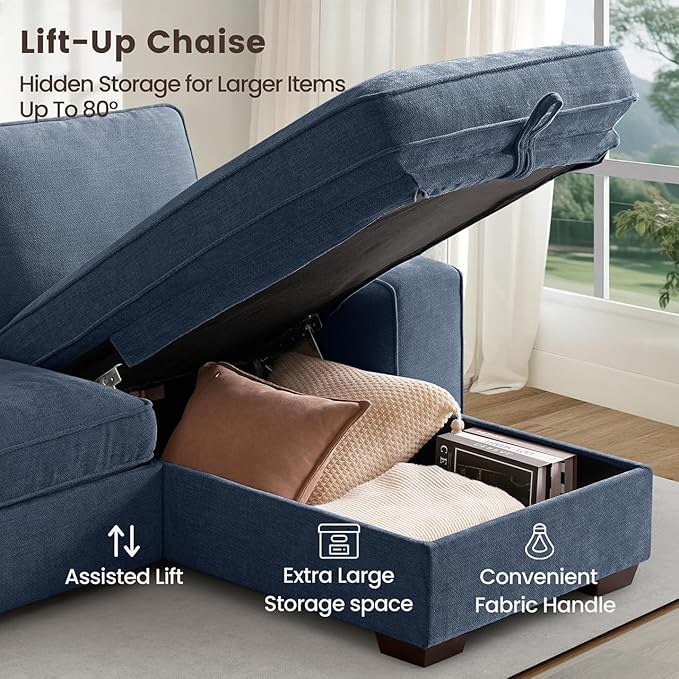 PARKOL 99" L-Shaped Sectional Couch with Storage, Sofa with Reversible Chaise, USB Type-C Charging, Chenille Fabric, Removable Cushion Covers, for Small Space, Apartment, Living Room, Blue
