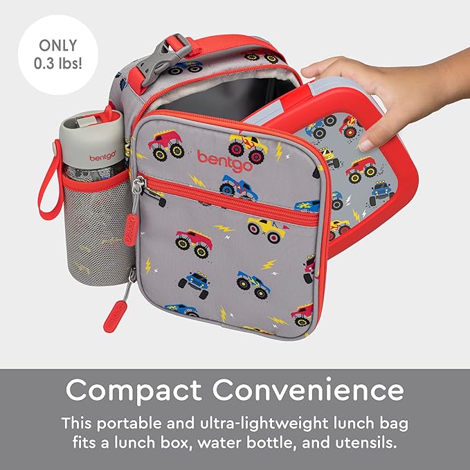 Bentgo Kids Insulated Lunch Tote - Water-Resistant, Reusable, Lightweight & Durable Lunch Bag with Water Bottle Holder & Exterior Pocket, Fits Lunch Box & Water Bottle - Ideal for Ages 3+ (Trucks)