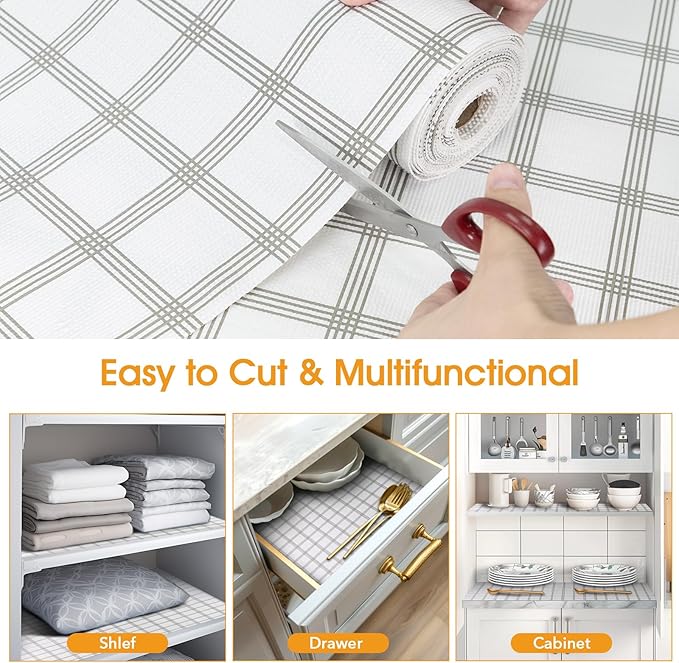 Shelf and Drawer Liner for Kitchen Cabinets Non-Adhesive, Strong Grip Non-Slip Thickened Cabinet Liners for Shelves, Waterproof Mats for Dresser Cupboard, White Square, 12 in x 10 Feet