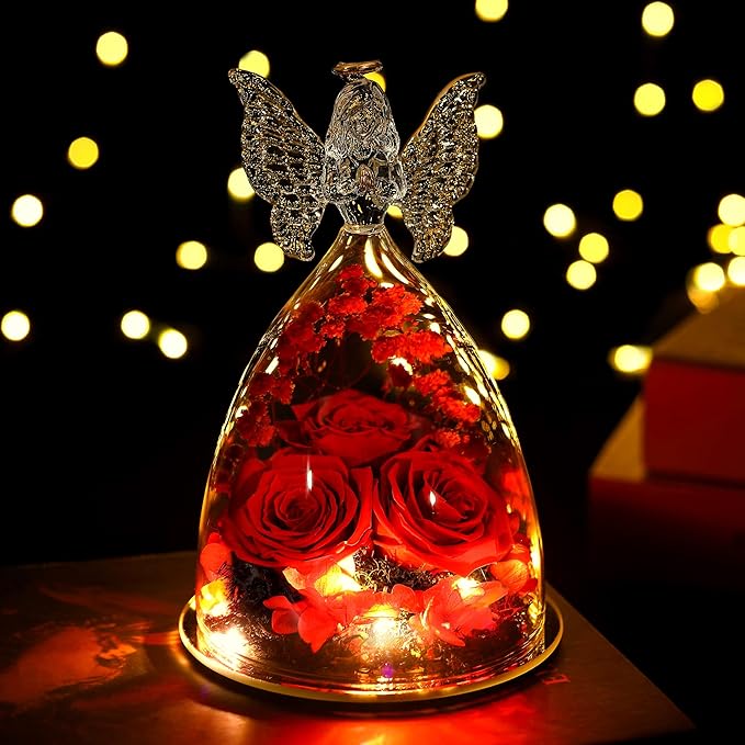 Ocosy Mothers Day Rose Gifts for her, Large Angel Rose Gifts for Women, Forever Real Roses in Angel Figurines, Angel Guardian with Roses Flower, Red
