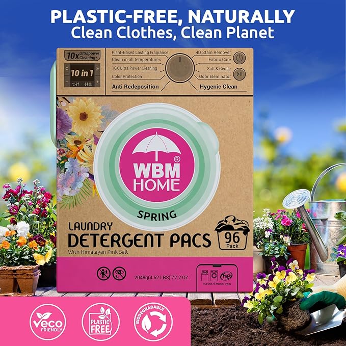 WBM Home Laundry Detergent Pods, Spring Fragrance Scent, 96 Count - HE Concentrated Laundry Pods With 10x Ultrapower Cleaning and 4D Laundry Stain Remover