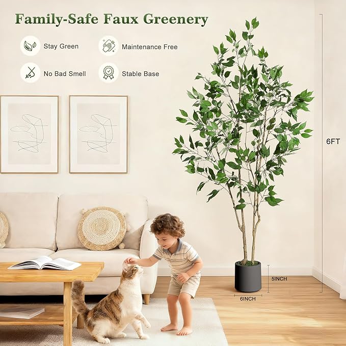 6FT Ficus Trees Artificial Indoor, Faux Silk Plant with Natural Wood Trunk and Lifelike Fruits, Black Imitation Ceramic Planter with Green Fake Moss for Modern Home Office Living Room Decor