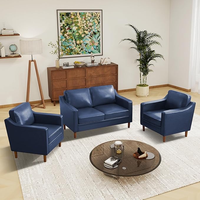 Kingfun Living Room Furniture Sets, 2 Armchair and Loveseat, Mid Century Modern Sofa Set, Faux Leather Couch with Solid Wood Frame for Living Room & Bedroom, Royal Blue